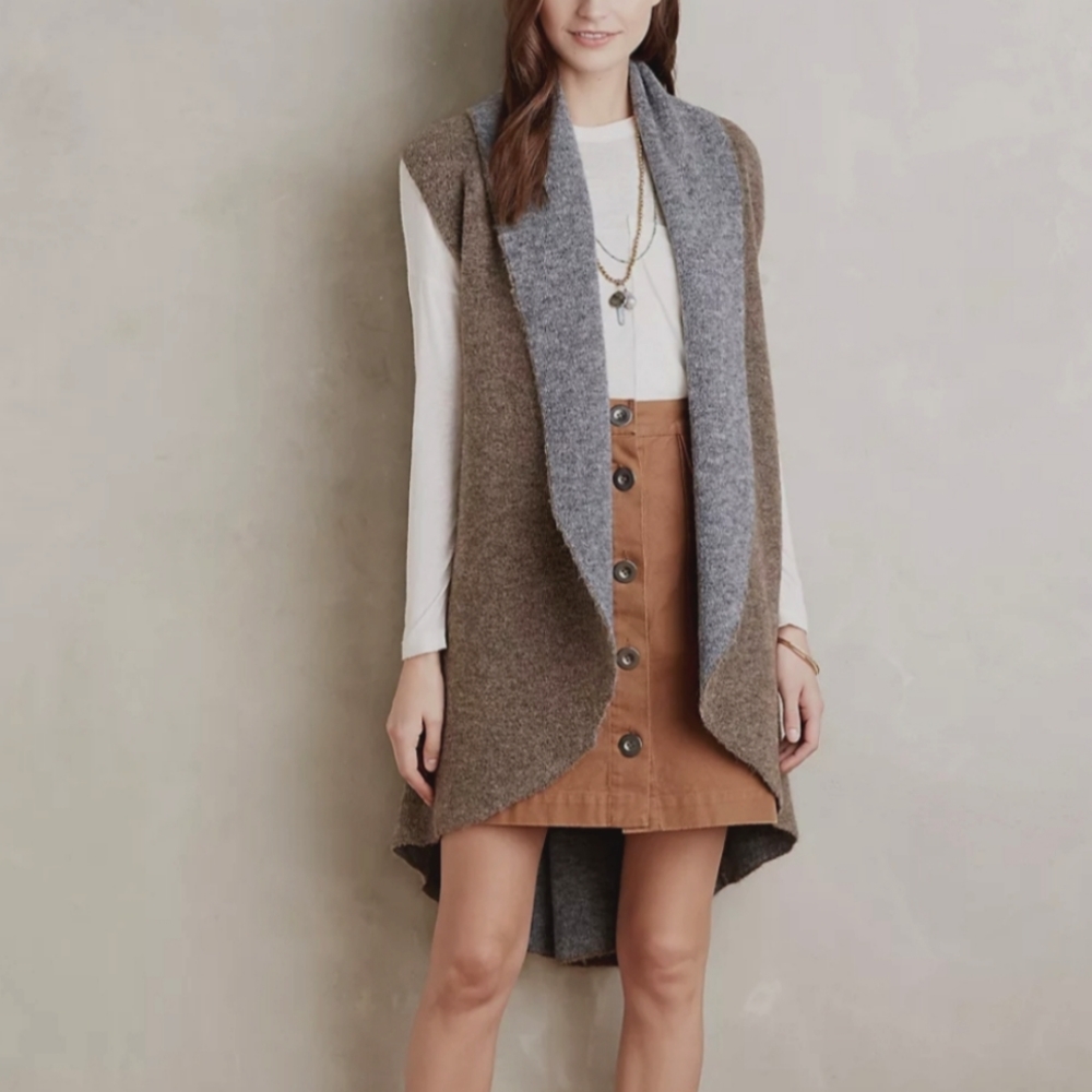 Moth Anthropologie shawled avalee long Brown grey wool vest size Medium Large